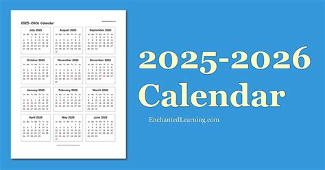 2025 2026 School Year One Page Calendar Enchanted Learning