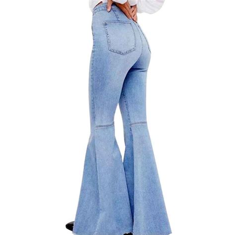 Womens Jeans Fashion Bell Bottom High Waist Tassel Stretch