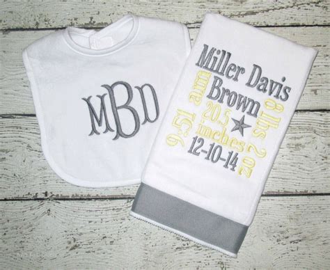 Monogrammed Birth Announcement Burp Cloth And Bib Set For Baby Boy Or