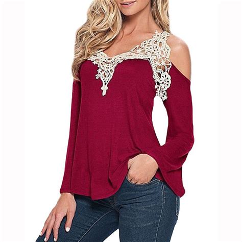 Sexy V Neck Long Sleeves Lace Patchwork Off Shoulder Blouse May Your Fashion