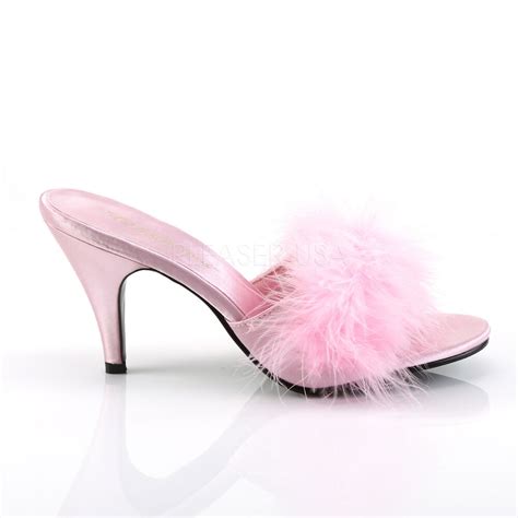 Sexy Fabulicious 3 Heel Pink Satin Marabu Feather Slippers Slides