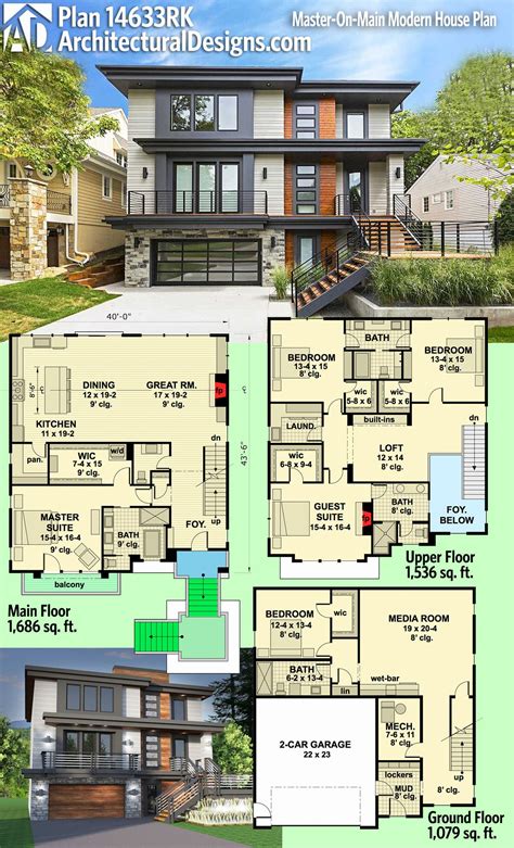 plan 14633rk master on main modern house plan town house floor plan modern house plan