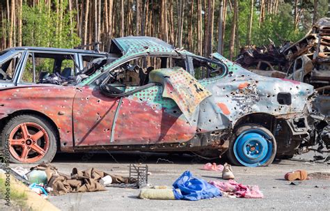 Car Riddled With Bullets War Of Russia Against Ukraine A Car Of