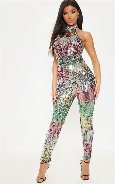 Sequin Open Back Jumpsuit Prettylittlething Usa