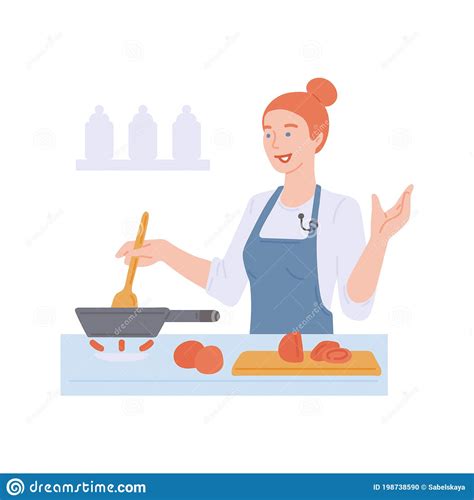 Woman Cooking Food In Kitchen Cartoon Cook In Apron Stirring