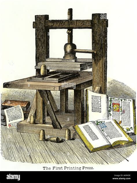 Johann Gutenberg S Imprenta Mainz Germany 1450s Xilografía Coloreada A Mano Fotografía De Stock
