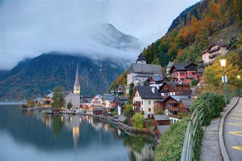 Print Of Hallstatt On A Beautiful Autumn Morning With Foggy Mountains