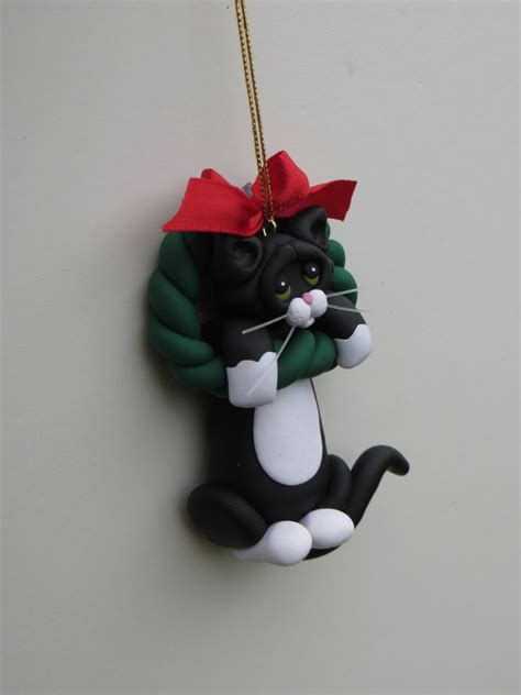 Black Tuxedo Cat Christmas Ornament Polymer Clay Cute