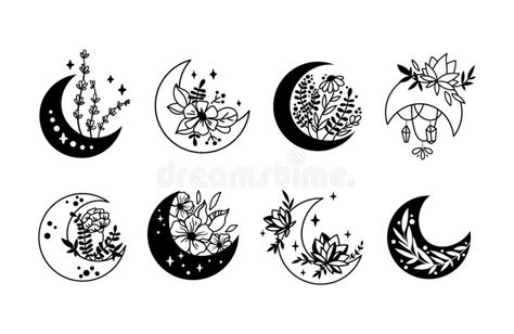 Boho Mystical Moon And Flowers Isolated Cliparts Set Stock Vector