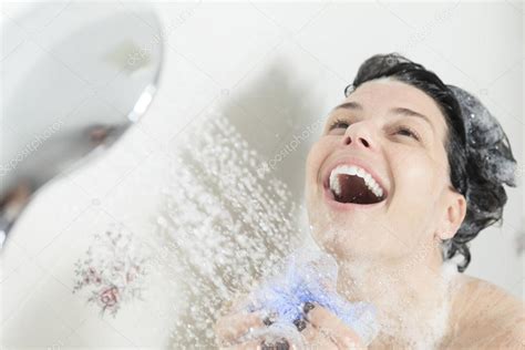 Shower Woman Happy Smiling Woman Washing Shoulder Showering In Stock