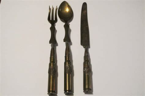 Wwi German Trench Art Fork Spoon Knife Crown Bullet Shell Utensils