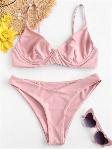 Zaful Tie Underwire Bikini Set Pink L Boho Swimwear Swimwear Sale