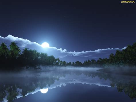 Tapety Zdjęcia Grafika Księżyc Palmy Jezioro Odbicie Chmury