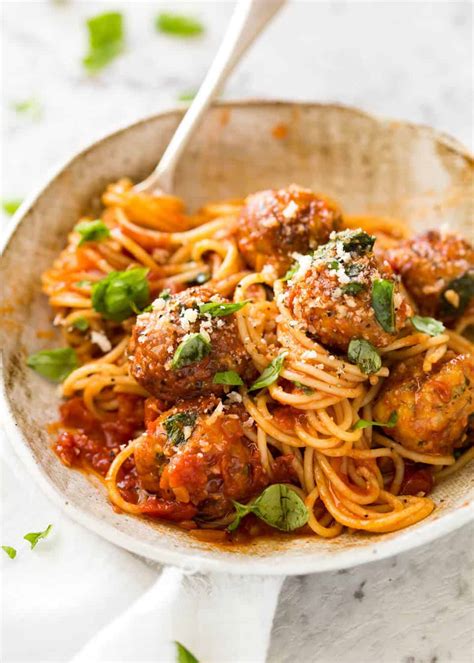Homemade spaghettios with mini meatballs. Baked Chicken Meatballs and Spaghetti | RecipeTin Eats