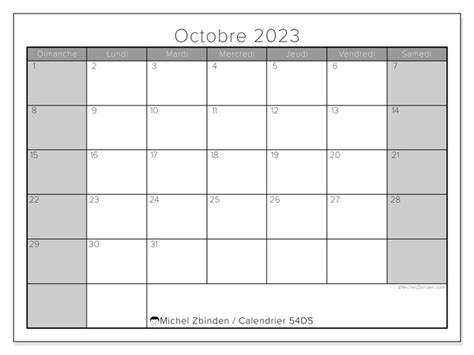 Calendrier Octobre 2023 à Imprimer “54ds” Michel Zbinden Be