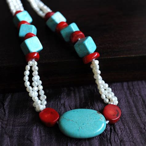 Turquoise And Red Coral With Freshwater Pearl Necklace By Peafair