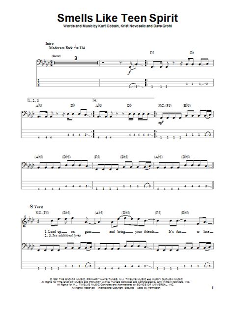 Smells Like Teen Spirit Bass Guitar Tab By Nirvana Bass Guitar Tab