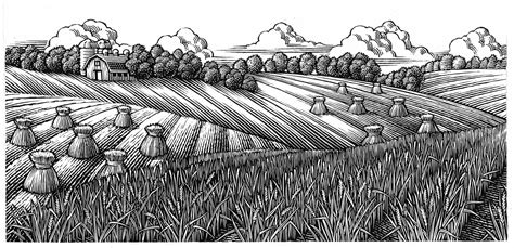 Line Art Line Engraving Style Illustration Of Rolling Farm Fields By