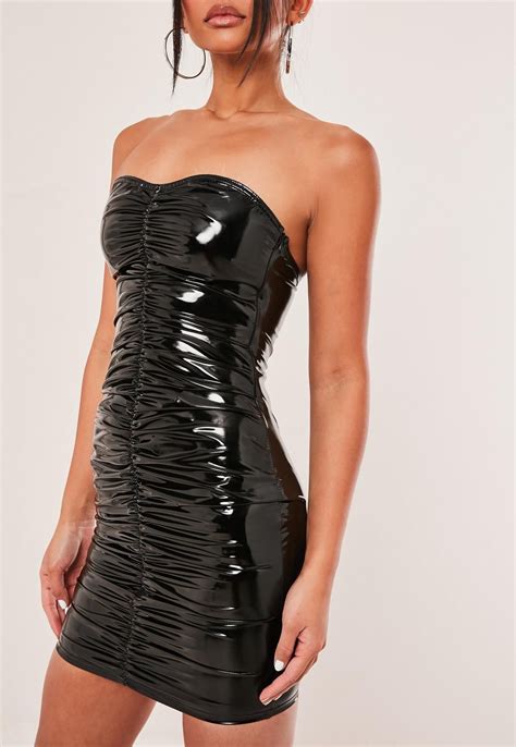 Black Vinyl Ruched Front Bandeau Mini Dress Missguided Women Dress Online Trending Dresses