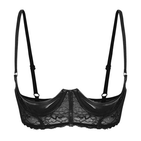 Womens Sexy Open Cup Underwired Bra Patent Leather See Through Floral Lace Brassiere Exposed