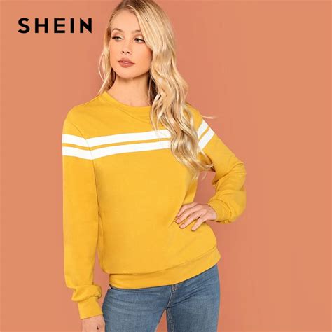 Shein Mustard Striped Tunic Pullovers Casual Streetwear Round Neck Long