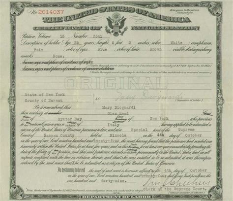 Naturalization Certificates For Joseph And Mary Dioguardi From Italy