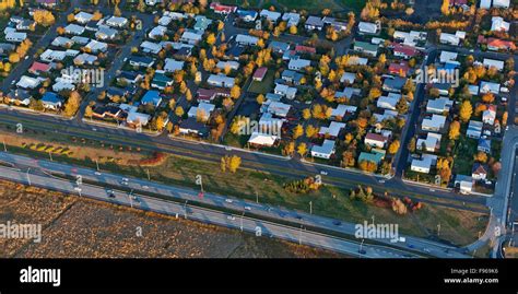 Aerial Of A Suburb Of Reykjavik In The Autumn Gardabaer Iceland Stock