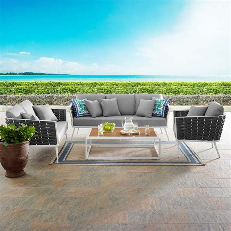 Stance 4 Piece Outdoor Patio Aluminum Sectional Sofa Set In White Gray