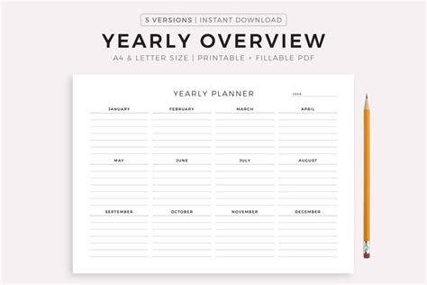 Yearly Overview Year At A Glance Annual Planner Printable