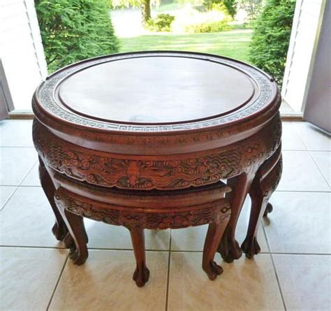 Vintage Asian Hand Carved Round Wooden Tea Table With Four Nesting
