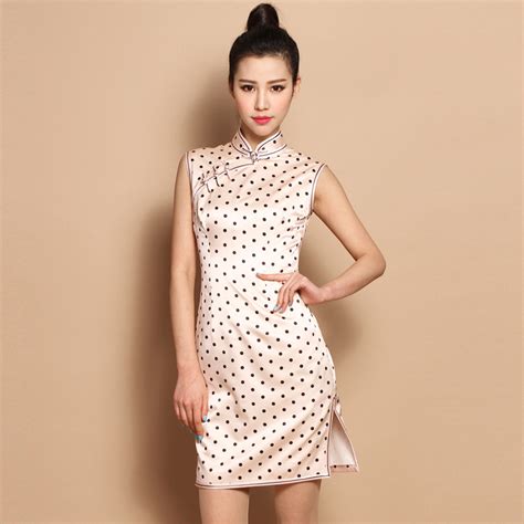 Custom Made Polka Dotted Silk Short Cheongsam Qipao Dress Qipao