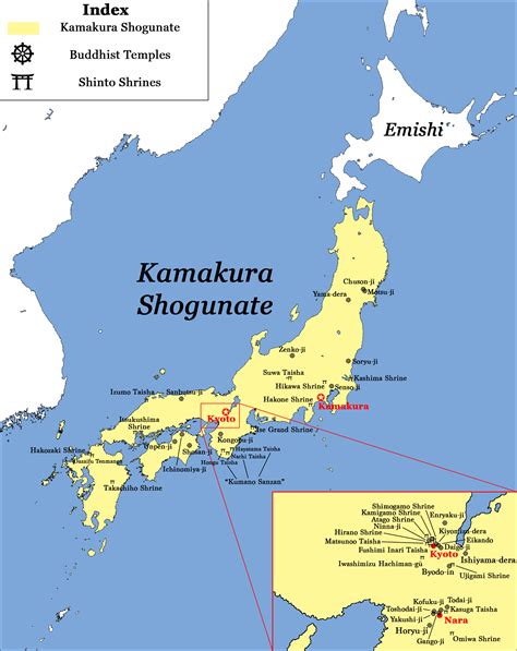 Kamakura has an estimated population of 172,929 (1 september 2020) and a population density of 4,359 persons per km² over the total area of 39.67 km 2 (15.32 sq mi). Major Temples and Shrines of Japan circa 1200 CE, Kamakura Shogunate (Illustration) - Ancient ...