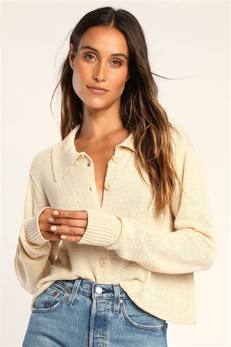 Beige Sweater Button Up Sweater Collared Sweater Lulus