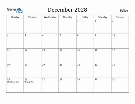 December 2028 Belize Monthly Calendar With Holidays