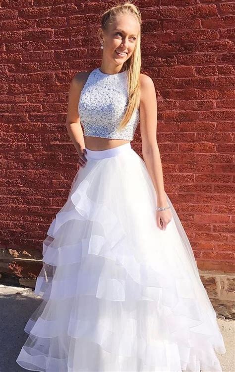 White Sequins And Pearls Two Piece Prom Dresses Round Neck Long Organza Prom Dresses Prom