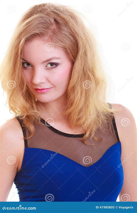 portrait of beautiful blond girl in deep blue dress isolated stock image image of attractive