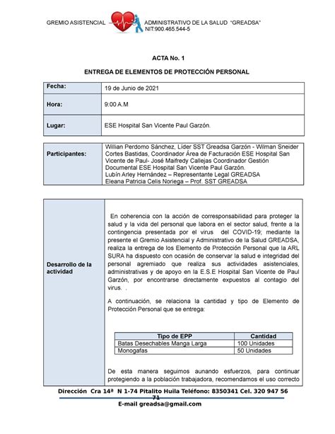 Modelo Acta De Entrega Epp Gremio Asistencial Administrativo De La My