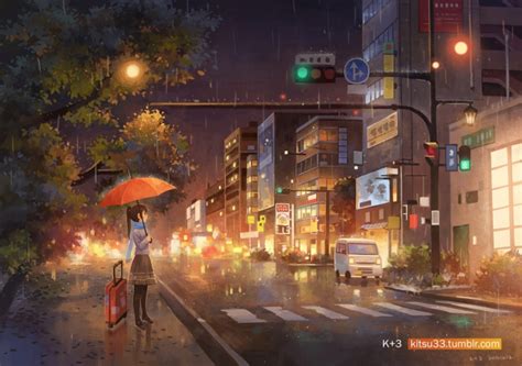 Wallpaper Anime Girl Raining Artwork Night Lights Road