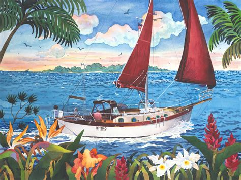 sailboat sailing in hawaii sailing and tropical flowers sailing the islands tropical art
