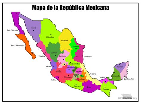 Mapa de la República Mexicana a color para imprimir en PDF
