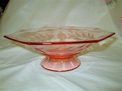 Fantastic Etched Pink Depression Glass Footed Center Bowl Floral