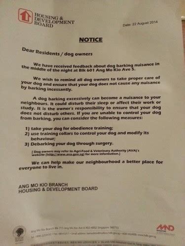 Dear sir, this letter is to inform that mr. Apartment notice suggesting 'debarking' to silence noisy ...