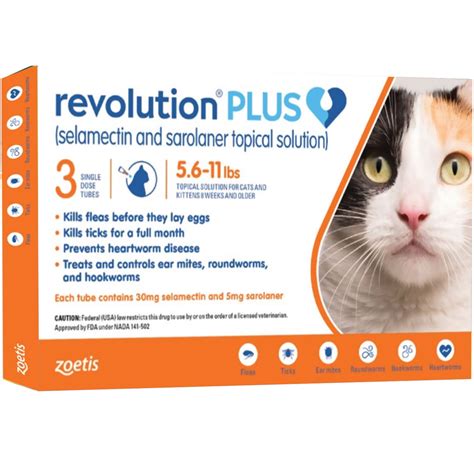 Heartworm, flea, tick, earmites, roundworms, and hookworms. Revolution Plus Orange for Cats 5.6 to 11 lb (3 month ...