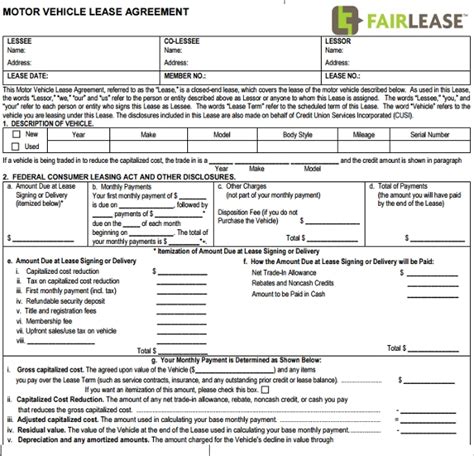 vehicle lease agreement templates samples examples