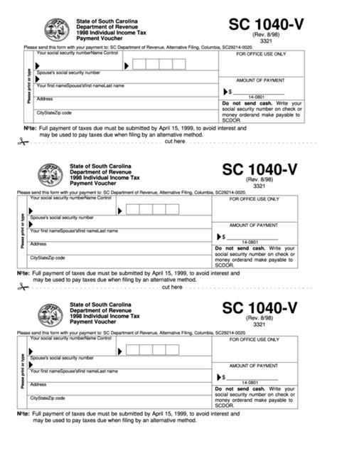 Fillable Form Sc 1040 V 1998 Individual Income Tax Payment Voucher