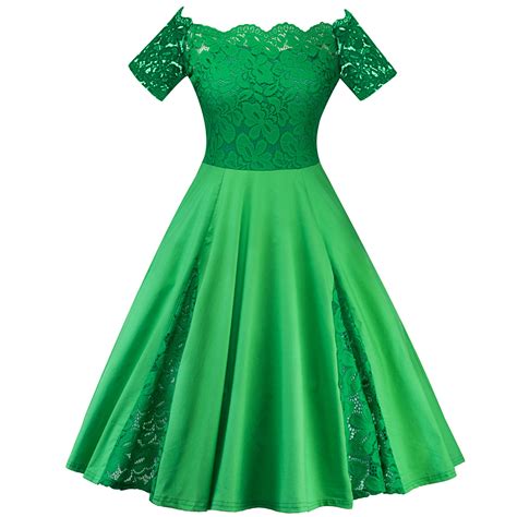 Off The Shoulder Women Dress Plus Size Lace Patchwork Short Sleeve Cocktail Party Dress Green On