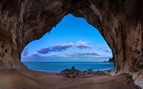Landscape Nature Beach Cave Rock Sea Clouds Morning Wallpaper