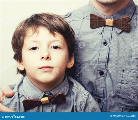 Father With Son In Bowties On White Background Casual Look Stock Image Image Of Elegance