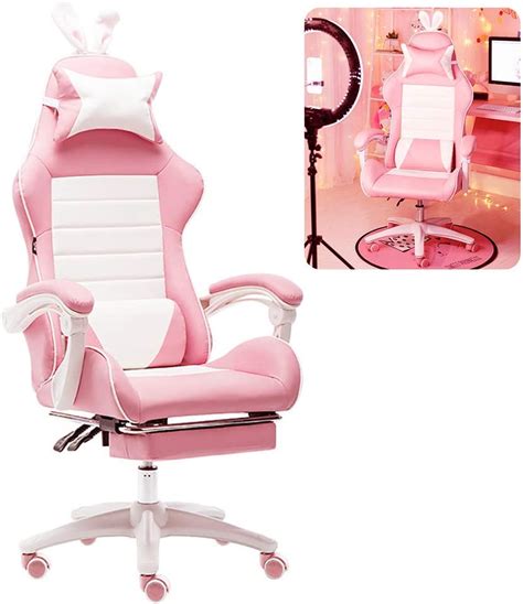 Pink Gaming Chair With Bunny Earsracing Style Gaming Chair With High Backrest Pu Leather