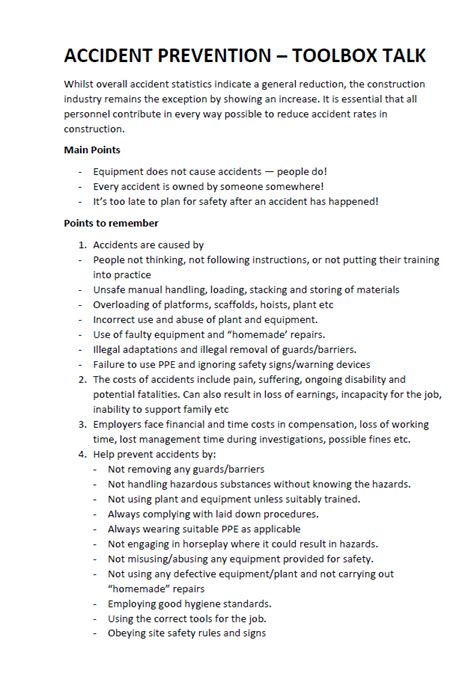 Printable Toolbox Talk Template